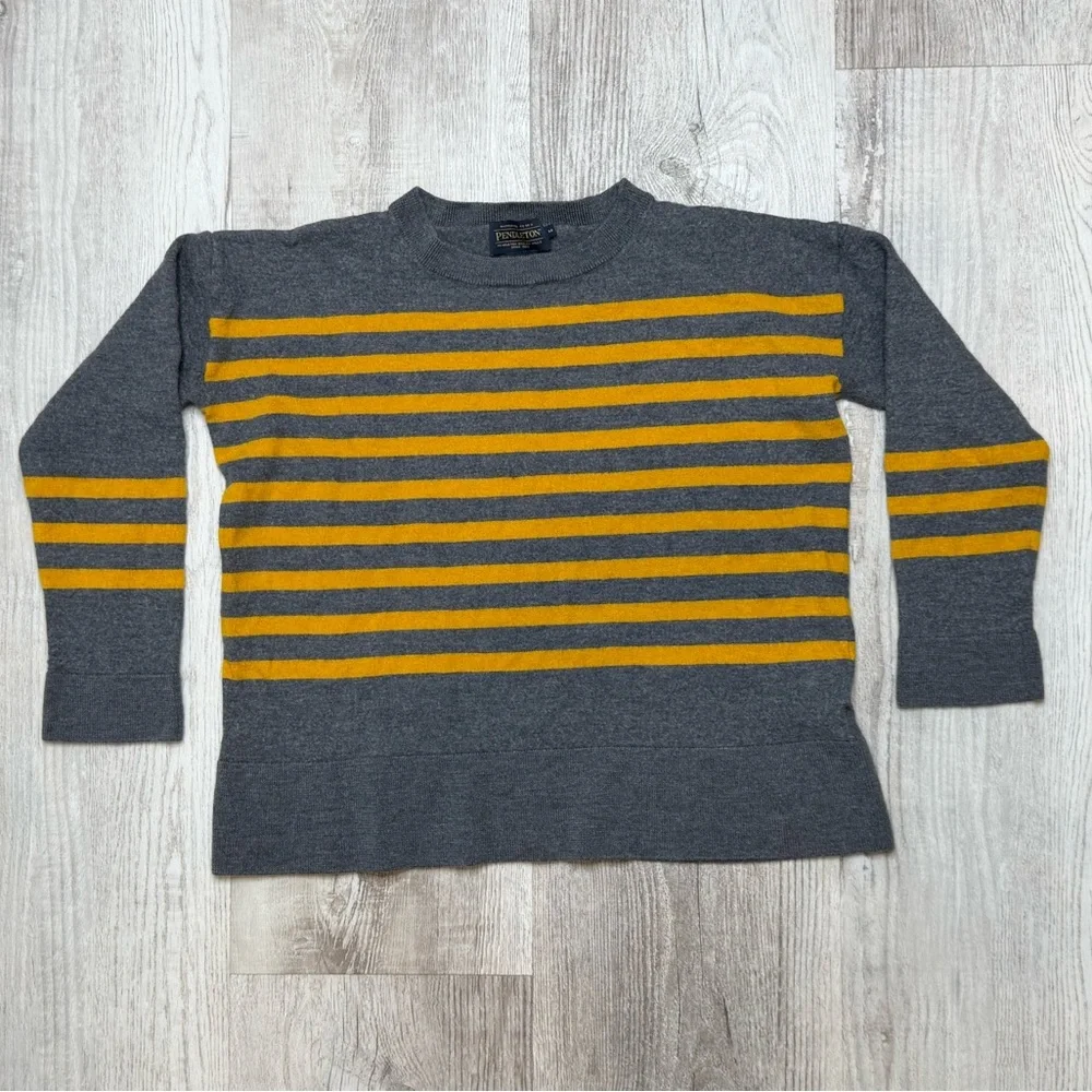 Pendleton Merino Wool Striped Crewneck Sweater Gray Yellow Stripes Womens Size M